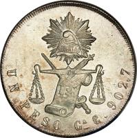 Mexico coin 1 Peso (1869 - 1873) reverse reverse of 1 Peso (1869 - 1873) coin with KM# 408 from Mexico. Inscription: LIBERTAD LEY UN PESO Gᴼ S. 902.7