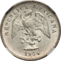 obverse of 5 Centavos (1898 - 1905) coin with KM# 400 from Mexico. Inscription: REPUBLICA MEXICANA 1904