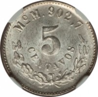 reverse of 5 Centavos (1898 - 1905) coin with KM# 400 from Mexico. Inscription: CnQ 902,7 5 CENTAVOS