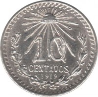 reverse of 10 Centavos (1919) coin with KM# 429 from Mexico. Inscription: 10 CENTAVOS 1919