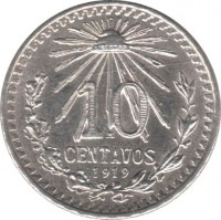 Mexico coin 10 Centavos (1919) reverse reverse of 10 Centavos (1919) coin with KM# 429 from Mexico. Inscription: 10 CENTAVOS 1919