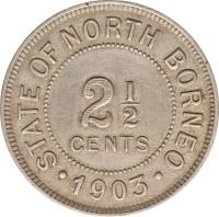 North Borneo coin 2 1/2 Cents (1903 - 1920) reverse reverse of 2 1/2 Cents (1903 - 1920) coin with KM# 4 from North Borneo. Inscription: STATE OF NORTH BORNEO 2½ CENTS 1903
