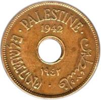 obverse of 10 Mils (1942 - 1943) coin with KM# 4a from Palestine. Inscription: PALESTINE 1942