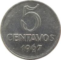 Brazil coin 5 Centavos (1967 - 1975) reverse reverse of 5 Centavos (1967 - 1975) coin with KM# 577 from Brazil. Inscription: 5 CENTAVOS 1967