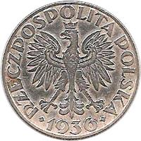 obverse of 5 Złotych - Gdynia Seaport (1936) coin with Y# 31 from Poland. Inscription: RZECZPOSPOLITA POLSKA 1936