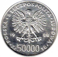 Poland coin 50000 Złotych - 70th Anniversary of Independence, Jozef Pilsudski (1988) obverse obverse of 50000 Złotych - 70th Anniversary of Independence, Jozef Pilsudski (1988) coin with Y# 180 from Poland. Inscription: POLSKA · RZECZPOSPOLITA · LUDOWA 19 88 · ZŁ 50000 ZŁ ·