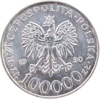 Poland coin 100000 Złotych - 10th Anniversary of obverse of 100000 Złotych - 10th Anniversary of