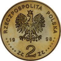 obverse of 2 Złote - Olympic Games Nagano 1998 (1998) coin with Y# 335 from Poland. Inscription: RZECZPOSPOLITA POLSKA 1998 · · · · · · ZŁ 2 ZŁ · · · · · ·
