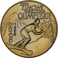 Poland coin 2 Złote - Olympic Games Nagano 1998 (1998) reverse reverse of 2 Złote - Olympic Games Nagano 1998 (1998) coin with Y# 335 from Poland. Inscription: XVIII ZIMOWE IGRYSKA OLIMPIJSKIE NAGANO 1998