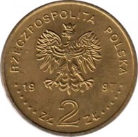 obverse of 2 Złote - Stefan Batory (1997) coin with Y# 325 from Poland. Inscription: RZECZPOSPOLITA POLSKA 1997 ZŁ 2 ZŁ