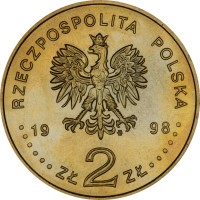 obverse of 2 Złote - Adam Mickiewicz (1998) coin with Y# 352 from Poland. Inscription: RZECZPOSPOLITA POLSKA 1998 ZŁ 2 ZŁ