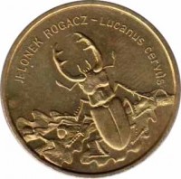 Poland coin 2 Złote - Stag Beetle (1997) reverse reverse of 2 Złote - Stag Beetle (1997) coin with Y# 329 from Poland. Inscription: JELONEK ROGACZ - Lucanus cervus
