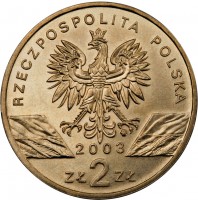 Poland coin 2 Złote - European Eels (2003) obverse obverse of 2 Złote - European Eels (2003) coin with Y# 445 from Poland. Inscription: RZECZPOSPOLITA POLSKA 2003 ZŁ 2 ZŁ