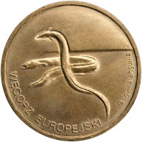 reverse of 2 Złote - European Eels (2003) coin with Y# 445 from Poland. Inscription: WĘGORZ EUROPEJSKI Anguilla anguilla