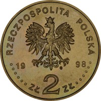 obverse of 2 Złote - Radium and Polonium (1998) coin with Y# 344 from Poland. Inscription: RZECZPOSPOLITA POLSKA 19 98 ZŁ 2 ZŁ