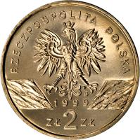 obverse of 2 Złote - Wolves (1999) coin with Y# 355 from Poland. Inscription: RZECZPOSPOLITA POLSKA 1999 ZŁ 2 ZŁ