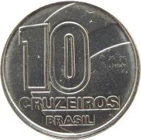 obverse of 10 Cruzeiros (1990 - 1992) coin with KM# 619 from Brazil. Inscription: 10 CRUZEIROS BRASIL