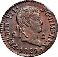 obverse of 2 Maravedis - Fernando VII - Segovia (1816 - 1833) coin with KM# 487 from Spain. Inscription: FERDIN · VII · D · G · HISP · REX 2 · 1 8 2 2 ·