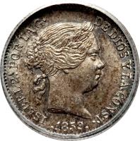 obverse of 1 Real - Isabel II (1857 - 1864) coin with KM# 606 from Spain. Inscription: ISABEL 2ºPOR LA G · DE DIOS Y LA CONST · .1859.