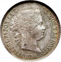 obverse of 4 Reales - Isabel II (1856 - 1864) coin with KM# 608 from Spain. Inscription: ISABEL 2ª. POR LA G · 	DE DIOS Y LA CONST · .1859.