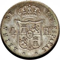 Spain coin 4 Reales - Isabel II (1856 - 1864) reverse reverse of 4 Reales - Isabel II (1856 - 1864) coin with KM# 608 from Spain. Inscription: * REINA DE LAS ESPAÑAS * 4. Rˢ.