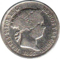 obverse of 40 Centimos de Escudo - Isabel II (1864 - 1868) coin with KM# 628 from Spain. Inscription: ISABEL 2ª.POR LA G. DE DIOS Y LA CONST. 1866