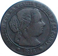 obverse of 1/2 Centimo de Escudo - Isabel II (1866 - 1868) coin with KM# 632 from Spain.
