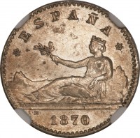 obverse of 50 Centimos - Provisional Government (1869 - 1870) coin with KM# 651 from Spain. Inscription: *ESPAÑA* L · M · 1870