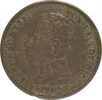 obverse of 2 Pesetas - Alfonso XIII (1905) coin with KM# 725 from Spain. Inscription: ALFONSO XIII POR LA G. DE DIOS *1905*