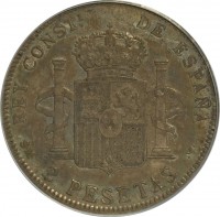 Spain coin 2 Pesetas - Alfonso XIII (1905) reverse reverse of 2 Pesetas - Alfonso XIII (1905) coin with KM# 725 from Spain. Inscription: REY CONSTATL DE ESPAÑA PLUS ULTRA S · M · 2 PESETAS · V ·