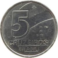 Brazil coin 5 Cruzeiros (1990 - 1992) obverse obverse of 5 Cruzeiros (1990 - 1992) coin with KM# 618 from Brazil. Inscription: 5 CRUZEIROS BRASIL