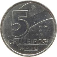 obverse of 5 Cruzeiros (1990 - 1992) coin with KM# 618 from Brazil. Inscription: 5 CRUZEIROS BRASIL