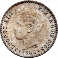 Spain coin 50 Centimos - Alfonso XIII - 3'rd Portrait (1896 - 1900) obverse obverse of 50 Centimos - Alfonso XIII - 3'rd Portrait (1896 - 1900) coin with KM# 705 from Spain. Inscription: ALFONSO XIII POR LA G · DE DIOS *1900*