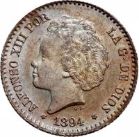 Spain coin 50 Centimos - Alfonso XIII - 2'nd Portrait (1894) obverse obverse of 50 Centimos - Alfonso XIII - 2'nd Portrait (1894) coin with KM# 703 from Spain. Inscription: ALFONSO XIII POR LA G · DE DIOS * 1894 *