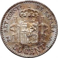 reverse of 50 Centimos - Alfonso XIII - 2'nd Portrait (1894) coin with KM# 703 from Spain. Inscription: REY CONSTL. DE ESPAÑA P · G · 50 CENT. · V ·