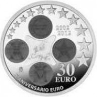 Spain coin 30 Euro - Juan Carlos I - Euro Circulation (2012) reverse reverse of 30 Euro - Juan Carlos I - Euro Circulation (2012) coin from Spain. Inscription: 2002-2012 M 30 EURO X ANIVERSARIO EURO