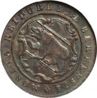 Swiss cantons coin 1/2 Batzen (1718 - 1798) obverse obverse of 1/2 Batzen (1718 - 1798) coin with KM# 91 from Swiss cantons. Inscription: MONETA REIPUBLICÆ BERNENSIS *