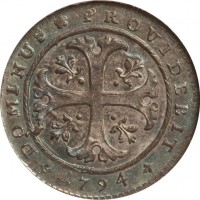 reverse of 1/2 Batzen (1718 - 1798) coin with KM# 91 from Swiss cantons. Inscription: DOMINUS PROVIDEBIT 1794