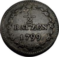 Switzerland coin 1/2 Batzen (1799 - 1803) reverse reverse of 1/2 Batzen (1799 - 1803) coin with KM# A6 from Switzerland. Inscription: ½ BATZEN 1799