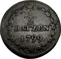 reverse of 1/2 Batzen (1799 - 1803) coin with KM# A6 from Switzerland. Inscription: ½ BATZEN 1799