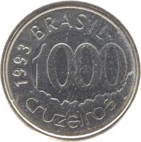 obverse of 1000 Cruzeiros (1992 - 1993) coin with KM# 626 from Brazil. Inscription: BRASIL 1993 1000 cruzeiros