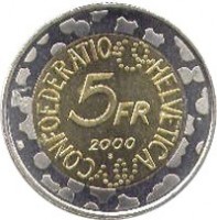 Switzerland coin 5 Francs - Basler Fasnacht (2000) reverse reverse of 5 Francs - Basler Fasnacht (2000) coin with KM# 89 from Switzerland. Inscription: CONFOEDERATIO HELVETICA 5 FR 2000