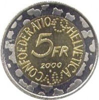 reverse of 5 Francs - Basler Fasnacht (2000) coin with KM# 89 from Switzerland. Inscription: CONFOEDERATIO HELVETICA 5 FR 2000