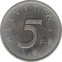 reverse of 5 Francs - Stans Convention (1981) coin with KM# 60 from Switzerland. Inscription: HELVETIA 5 FR 1981