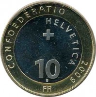 Switzerland coin 10 Francs - Red Deer (2009) reverse reverse of 10 Francs - Red Deer (2009) coin with KM# 130 from Switzerland. Inscription: CONFOEDERATIO HELVETICA 2009 10 B FR