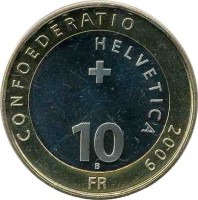 reverse of 10 Francs - Red Deer (2009) coin with KM# 130 from Switzerland. Inscription: CONFOEDERATIO HELVETICA 2009 10 B FR