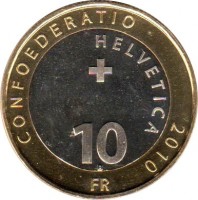 reverse of 10 Francs - Alpine Marmot (2010) coin with KM# 134 from Switzerland. Inscription: CONFOEDERATIO HELVETICA 2010 10 B FR