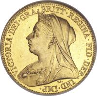 obverse of 1 Sovereign - Victoria - 3'rd Portrait (1893 - 1901) coin with KM# 785 from United Kingdom. Inscription: VICTORIA · DEI · GRA · BRITT · REGINA · FID · DEF · IND · IMP