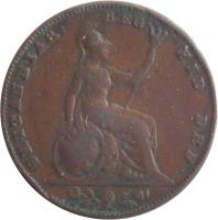 United Kingdom coin 1 Farthing - Victoria - 1'st Portrait (1838 - 1864) reverse reverse of 1 Farthing - Victoria - 1'st Portrait (1838 - 1864) coin with KM# 725 from United Kingdom. Inscription: BRITANNIAR: REG: FID: DEF: