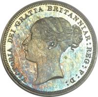 obverse of 6 Pence - Victoria (1880 - 1887) coin with KM# 757 from United Kingdom. Inscription: VICTORIA DEI GRATIA BRITANNIAR: REG: F: D: